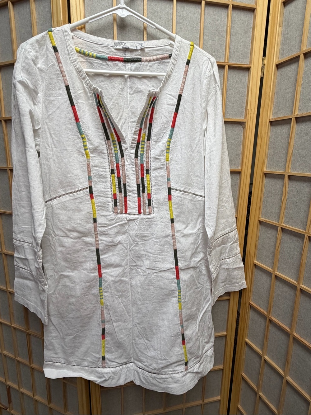 Prana White Tunic with Multicolor Embroidered Trim